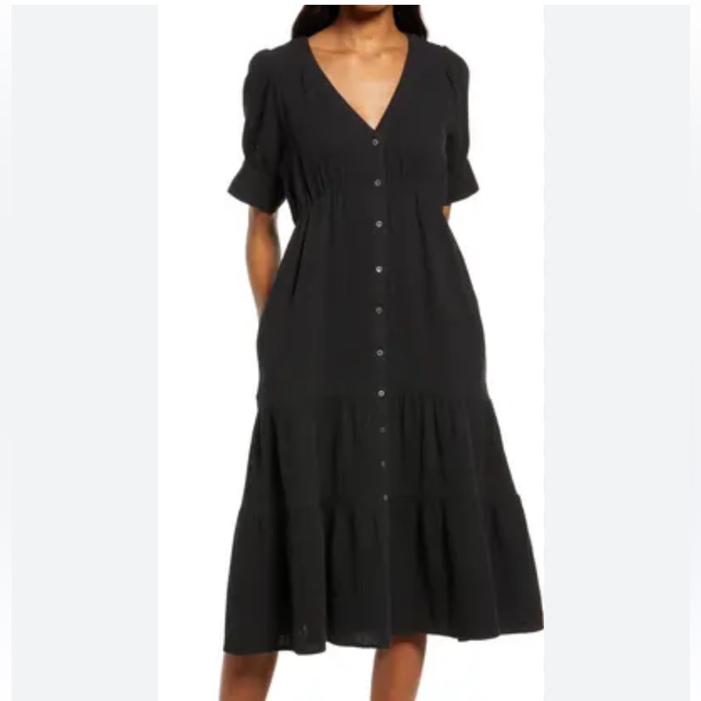 Madewell Lightspun Tiered Button Front Midi Dress